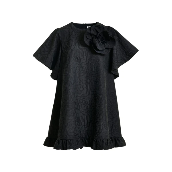 Essentiel Antwerp Black jacquard A-line mini dress with flower brooch - Essentiel Antwerp Dresses - Colorful Belgian Design - Shop at Coveti