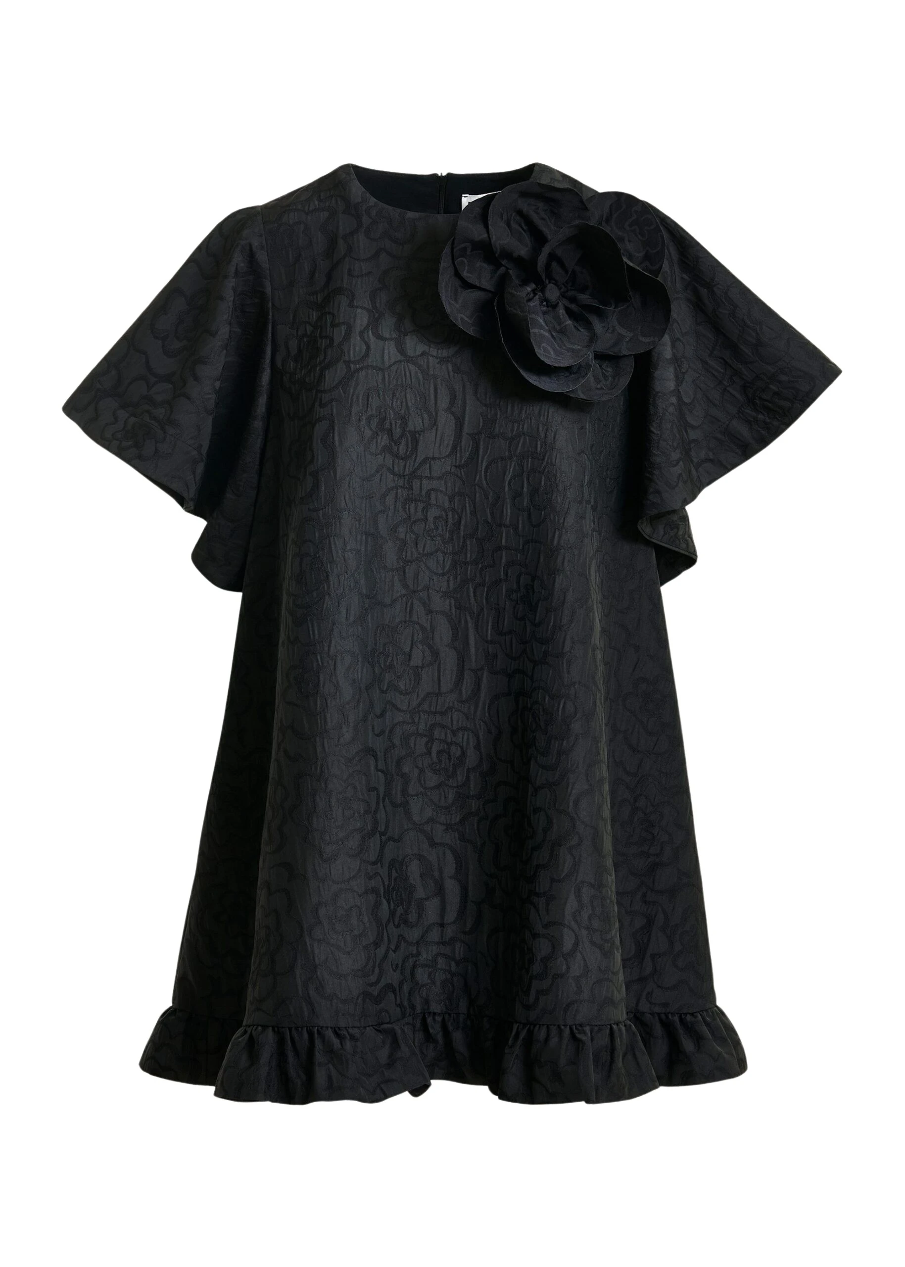 Essentiel Antwerp Black jacquard A-line mini dress with flower brooch - Essentiel Antwerp Dresses - Colorful Belgian Design - Shop at Coveti