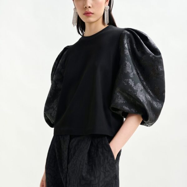 Essentiel Antwerp Black jersey T-shirt with voluminous jacquard sleeves - Essentiel Antwerp Shirts - Colorful Belgian Design - Shop at Coveti