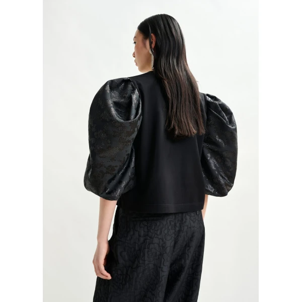 Essentiel Antwerp Black jersey T-shirt with voluminous jacquard sleeves Top, view 4