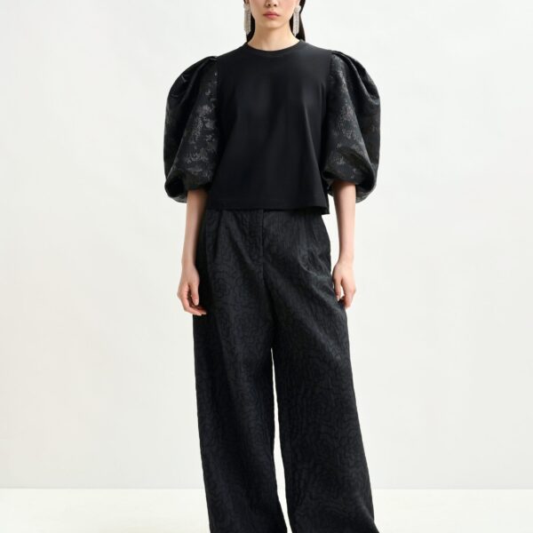 Essentiel Antwerp Black jersey T-shirt with voluminous jacquard sleeves - Essentiel Antwerp Shirts - Colorful Belgian Design - Shop at Coveti