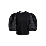 Essentiel Antwerp Black jersey T-shirt with voluminous jacquard sleeves - Essentiel Antwerp Shirts - Colorful Belgian Design - Shop at Coveti