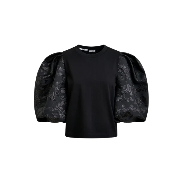 Essentiel Antwerp Black jersey T-shirt with voluminous jacquard sleeves - Essentiel Antwerp Shirts - Colorful Belgian Design - Shop at Coveti
