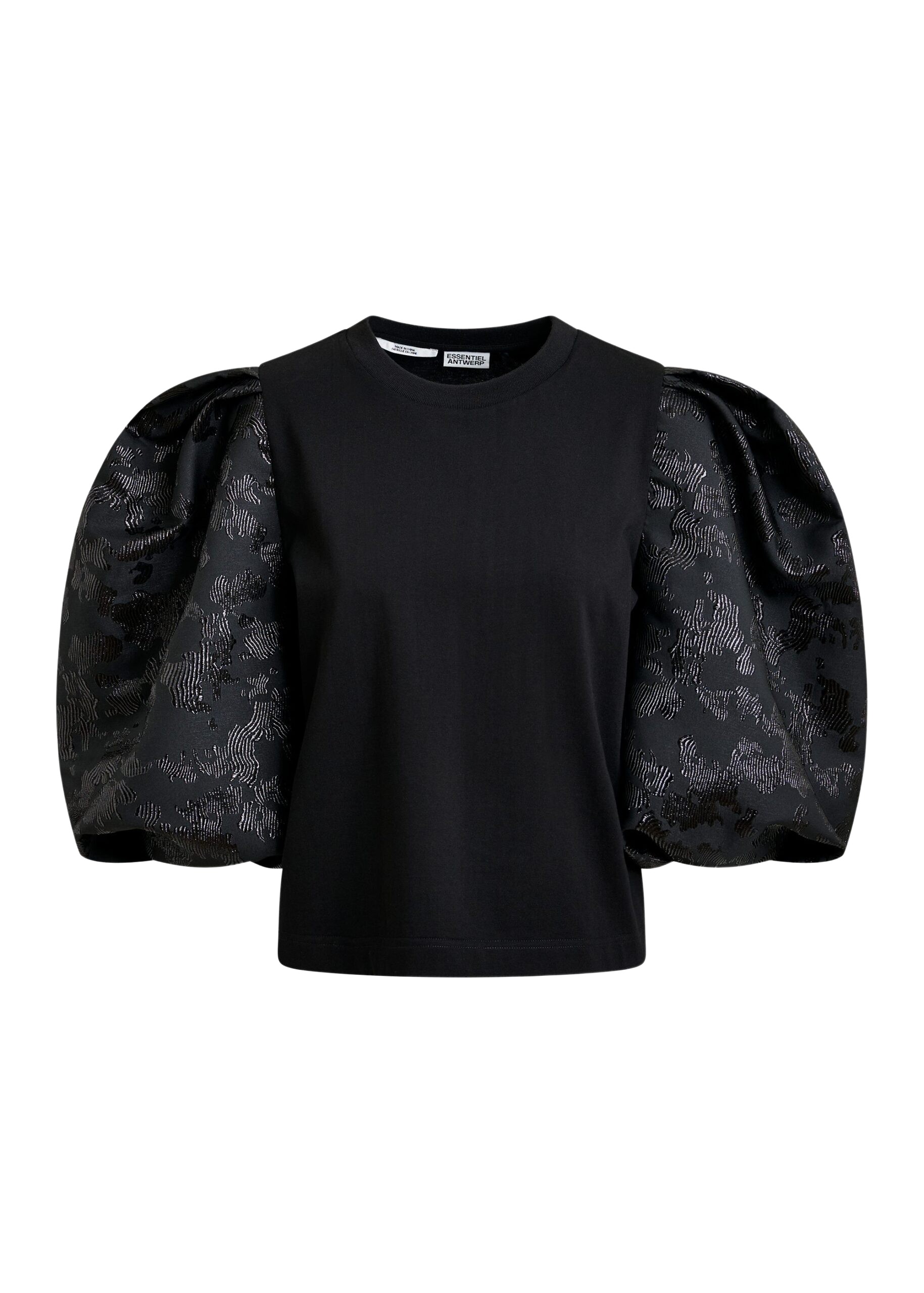 Essentiel Antwerp Black jersey T-shirt with voluminous jacquard sleeves - Essentiel Antwerp Shirts - Colorful Belgian Design - Shop at Coveti