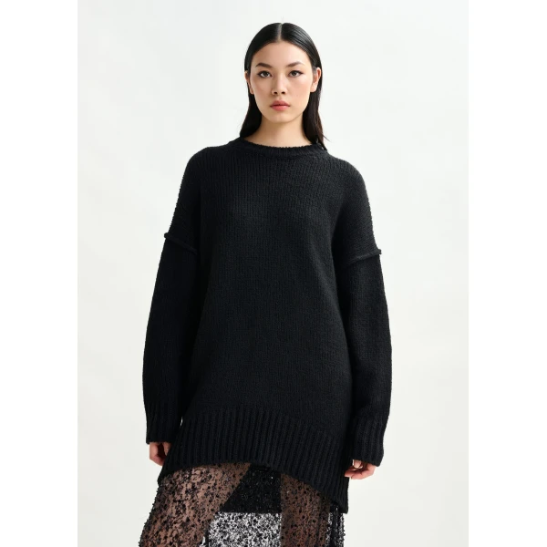 Essentiel Antwerp Black knit mini dress with ruffle detail, view 3
