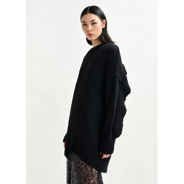 Essentiel Antwerp Black knit mini dress with ruffle detail, view 4