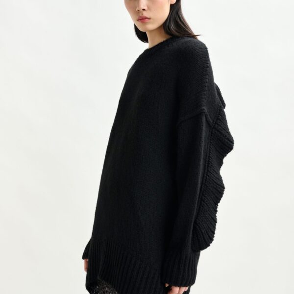 Essentiel Antwerp Black knit mini dress with ruffle detail - Essentiel Antwerp Dresses - Colorful Belgian Design - Shop at Coveti
