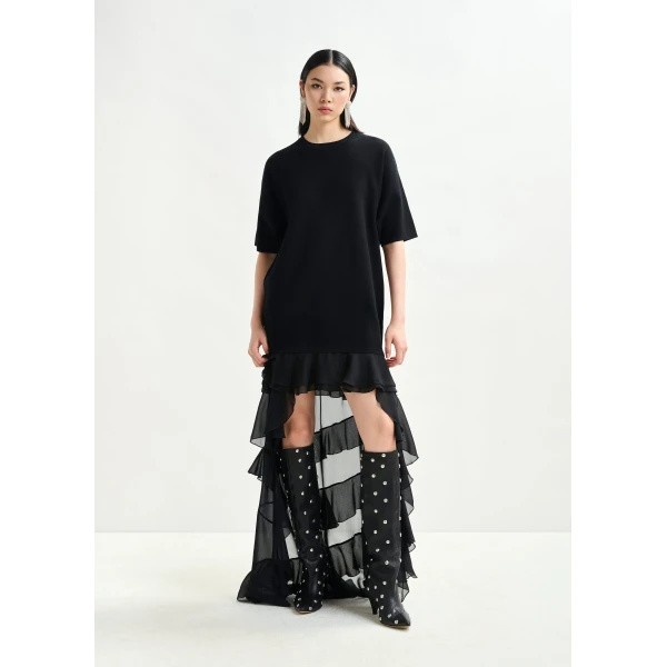 Essentiel Antwerp Black knitted dress with sheer layered hemline, view 2
