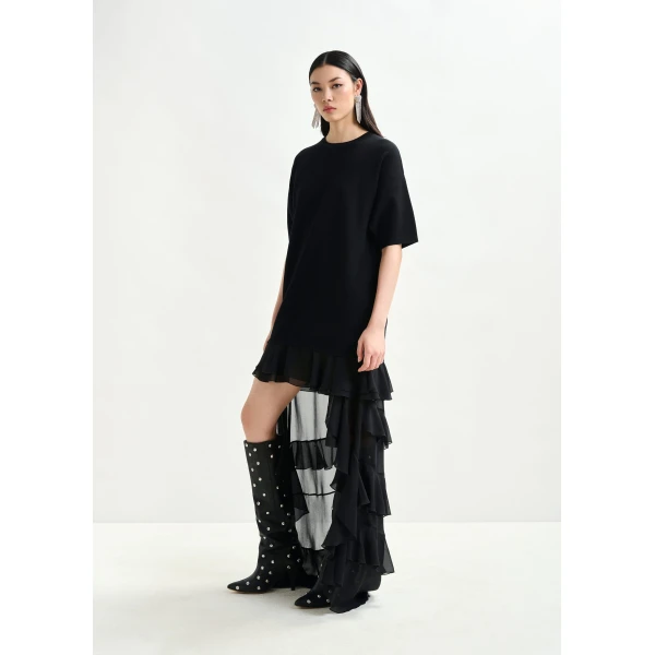 Essentiel Antwerp Black knitted dress with sheer layered hemline, view 3