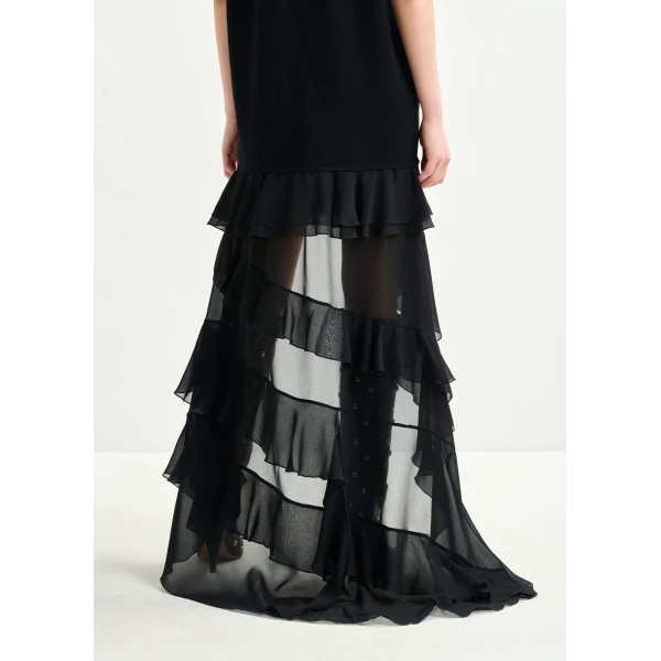 Essentiel Antwerp Black knitted dress with sheer layered hemline, view 4