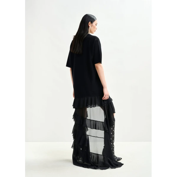 Essentiel Antwerp Black knitted dress with sheer layered hemline, view 5