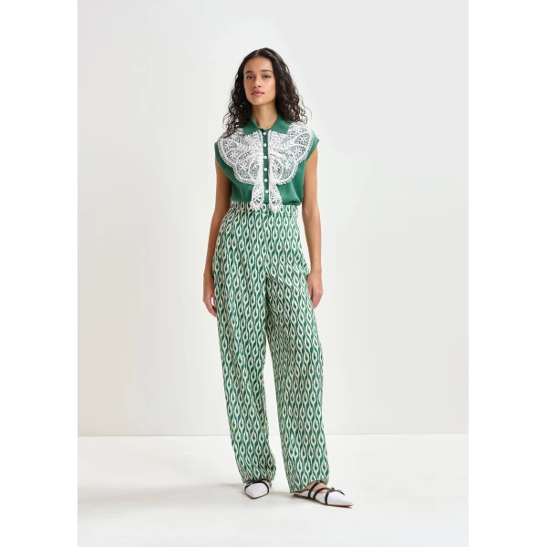 Essentiel Antwerp Blue and beige barrel-leg printed pants, view 2
