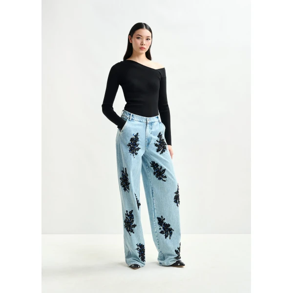 Essentiel Antwerp Blue and black embellished wide-leg jeans, view 2