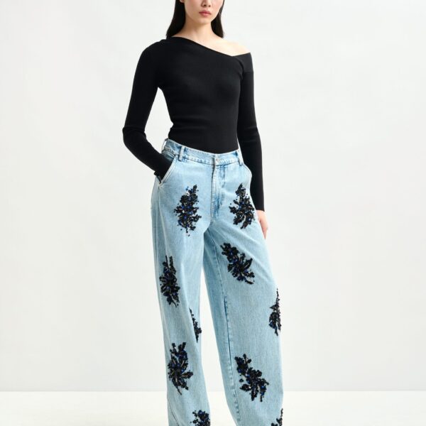 Essentiel Antwerp Blue and black embellished wide-leg jeans - Essentiel Antwerp Pants - Colorful Belgian Design - Shop at Coveti