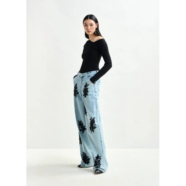 Essentiel Antwerp Blue and black embellished wide-leg jeans, view 3