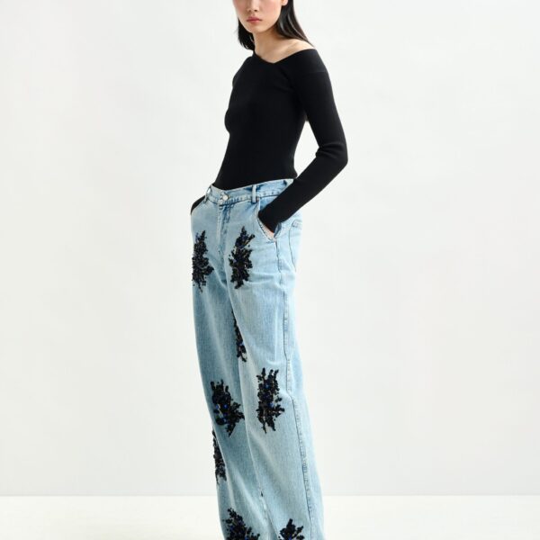 Essentiel Antwerp Blue and black embellished wide-leg jeans - Essentiel Antwerp Pants - Colorful Belgian Design - Shop at Coveti