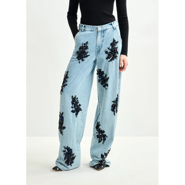 Essentiel Antwerp Blue and black embellished wide-leg jeans, view 4