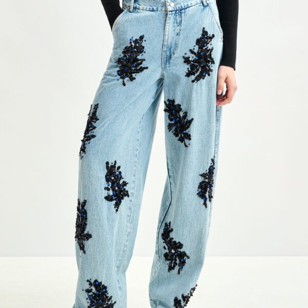 Essentiel Antwerp Blue and black embellished wide-leg jeans - Essentiel Antwerp Pants - Colorful Belgian Design - Shop at Coveti