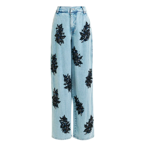 Essentiel Antwerp Blue and black embellished wide-leg jeans - Essentiel Antwerp Pants - Colorful Belgian Design - Shop at Coveti