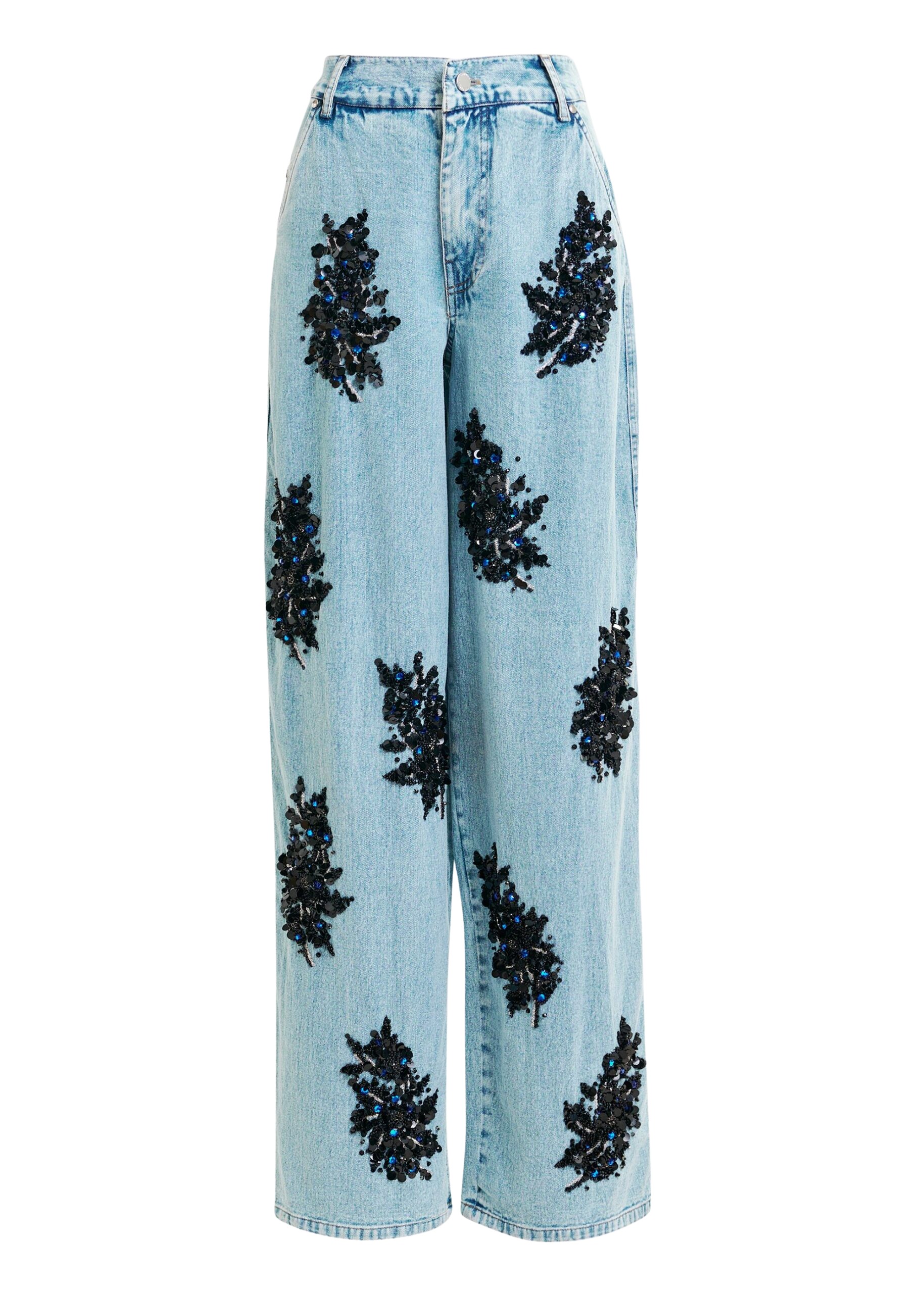 Essentiel Antwerp Blue and black embellished wide-leg jeans