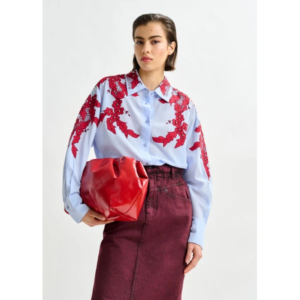 Essentiel Antwerp Blue and burgundy embroidered cotton shirt with rhinestone embellishements, view 2