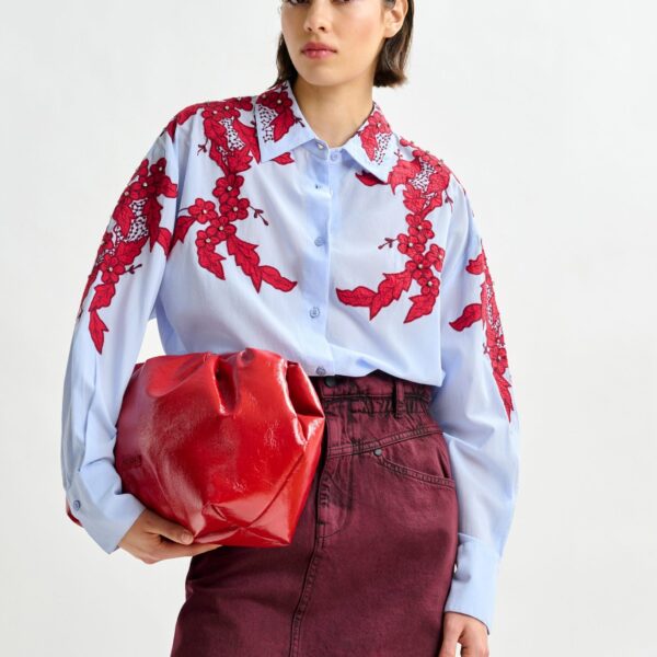 Essentiel Antwerp Blue and burgundy embroidered cotton shirt with rhinestone embellishements - Essentiel Antwerp Shirts - Colorful Belgian Design - Shop at Coveti