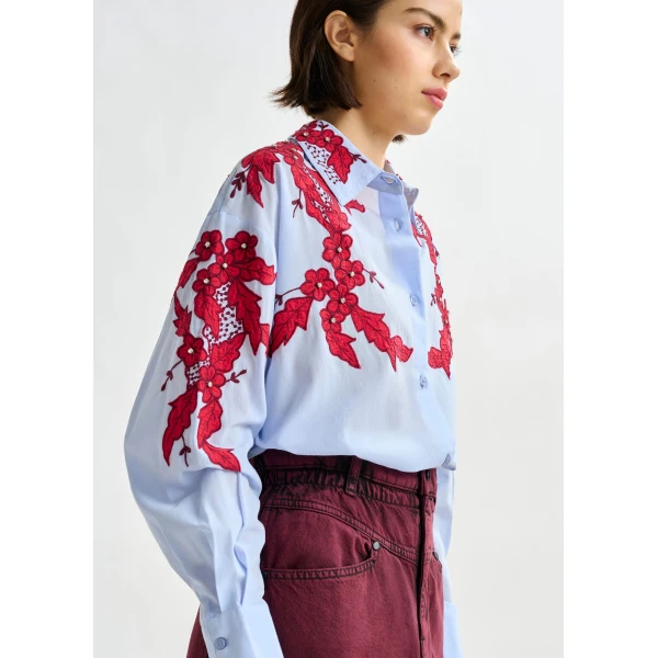 Essentiel Antwerp Blue and burgundy embroidered cotton shirt with rhinestone embellishements, view 3