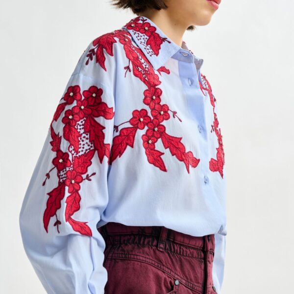 Essentiel Antwerp Blue and burgundy embroidered cotton shirt with rhinestone embellishements - Essentiel Antwerp Shirts - Colorful Belgian Design - Shop at Coveti
