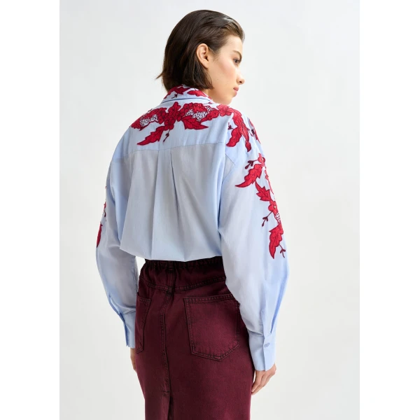 Essentiel Antwerp Blue and burgundy embroidered cotton shirt with rhinestone embellishements, view 4