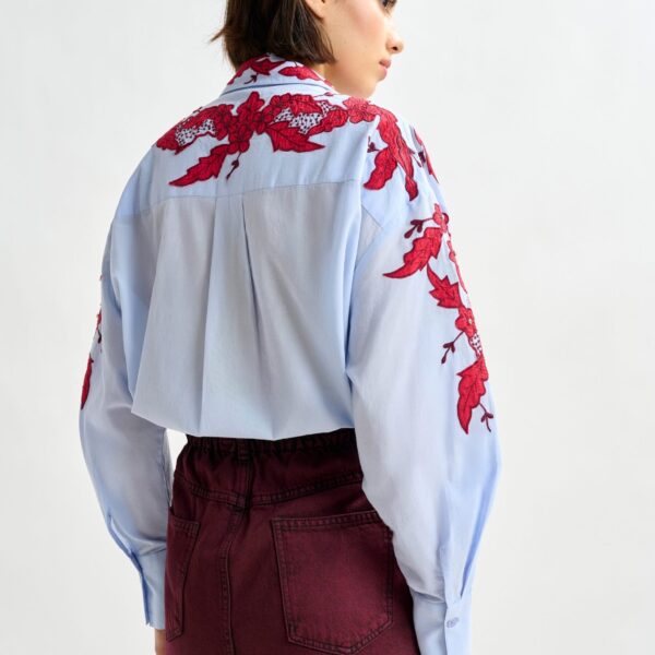 Essentiel Antwerp Blue and burgundy embroidered cotton shirt with rhinestone embellishements - Essentiel Antwerp Shirts - Colorful Belgian Design - Shop at Coveti