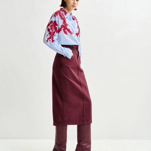 Essentiel Antwerp Blue and burgundy embroidered cotton shirt with rhinestone embellishements - Essentiel Antwerp Shirts - Colorful Belgian Design - Shop at Coveti
