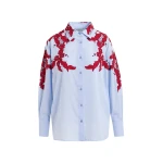 Essentiel Antwerp Blue and burgundy embroidered cotton shirt with rhinestone embellishements - Essentiel Antwerp Shirts - Colorful Belgian Design - Shop at Coveti