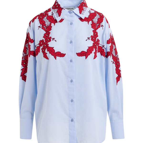 Essentiel Antwerp Blue and burgundy embroidered cotton shirt with rhinestone embellishements - Essentiel Antwerp Shirts - Colorful Belgian Design - Shop at Coveti