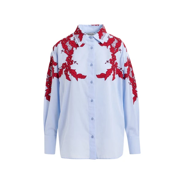 Essentiel Antwerp Blue and burgundy embroidered cotton shirt with rhinestone embellishements - Essentiel Antwerp Shirts - Colorful Belgian Design - Shop at Coveti