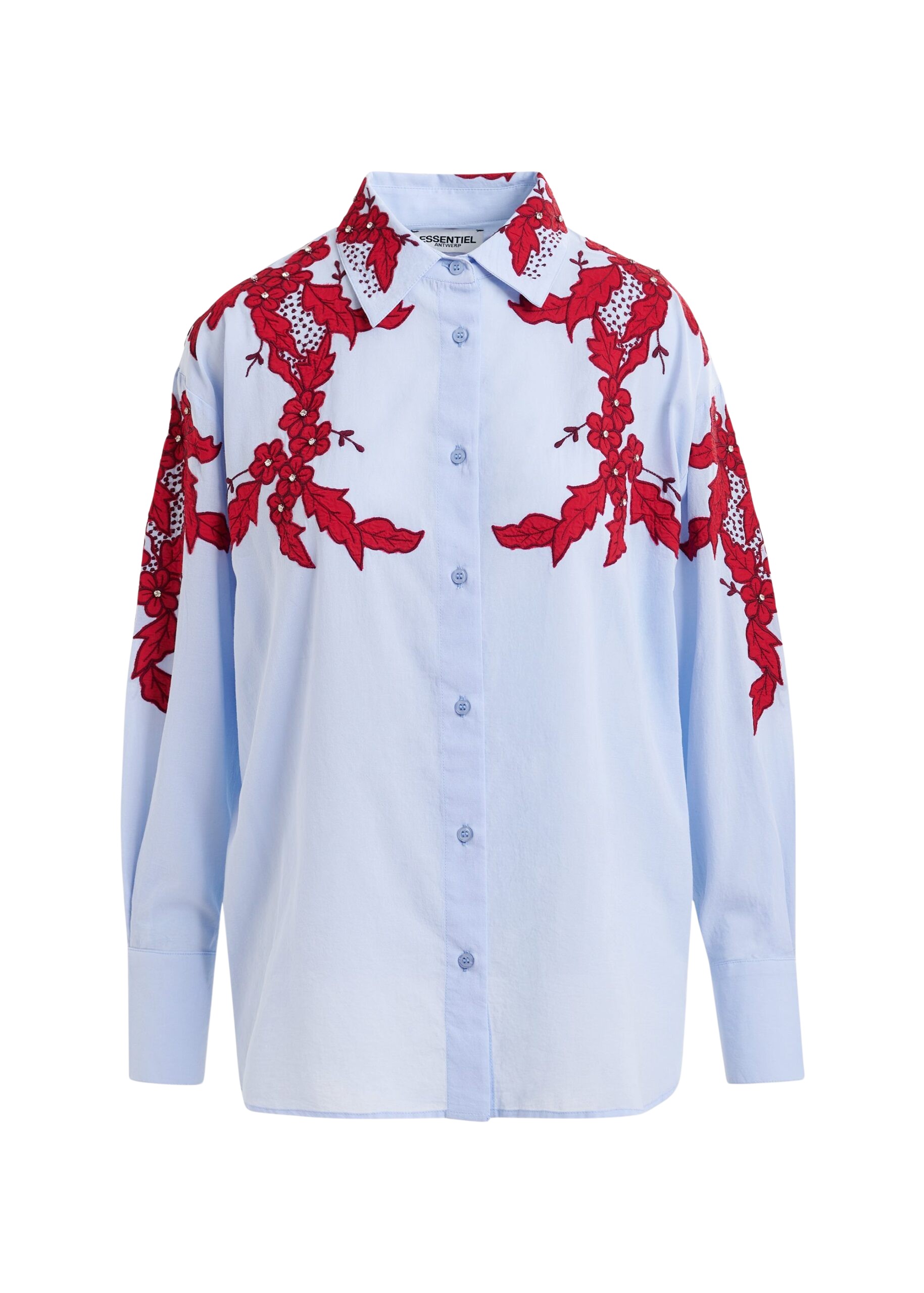 Essentiel Antwerp Blue and burgundy embroidered cotton shirt with rhinestone embellishements - Essentiel Antwerp Shirts - Colorful Belgian Design - Shop at Coveti