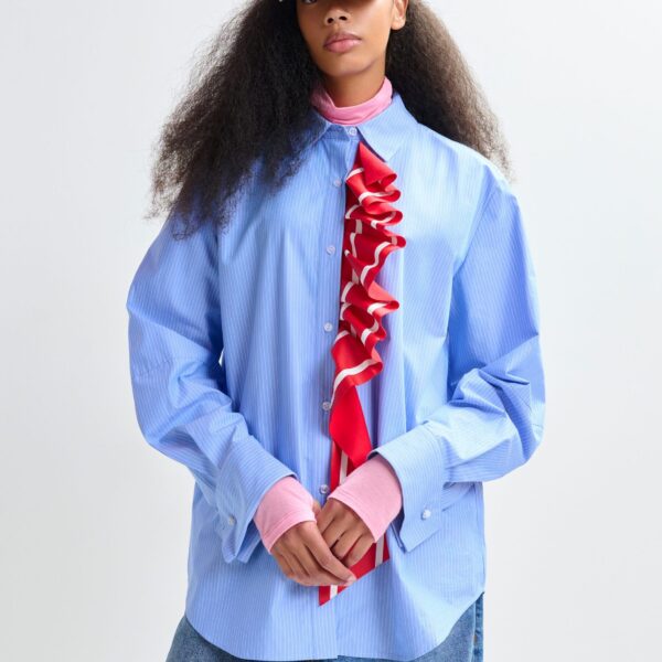 Essentiel Antwerp Blue and white pinstripe cotton shirt with red ribbon detail - Essentiel Antwerp Shirts - Colorful Belgian Design - Shop at Coveti