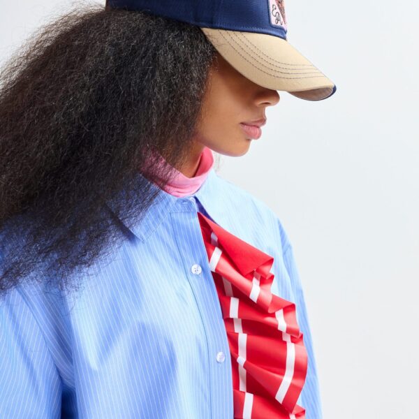 Essentiel Antwerp Blue and white pinstripe cotton shirt with red ribbon detail - Essentiel Antwerp Shirts - Colorful Belgian Design - Shop at Coveti