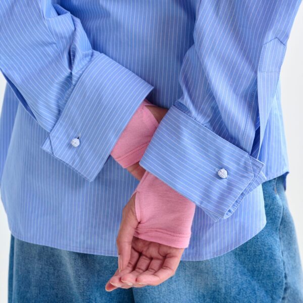 Essentiel Antwerp Blue and white pinstripe cotton shirt with red ribbon detail - Essentiel Antwerp Shirts - Colorful Belgian Design - Shop at Coveti