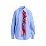 Essentiel Antwerp Blue and white pinstripe cotton shirt with red ribbon detail - Essentiel Antwerp Shirts - Colorful Belgian Design - Shop at Coveti