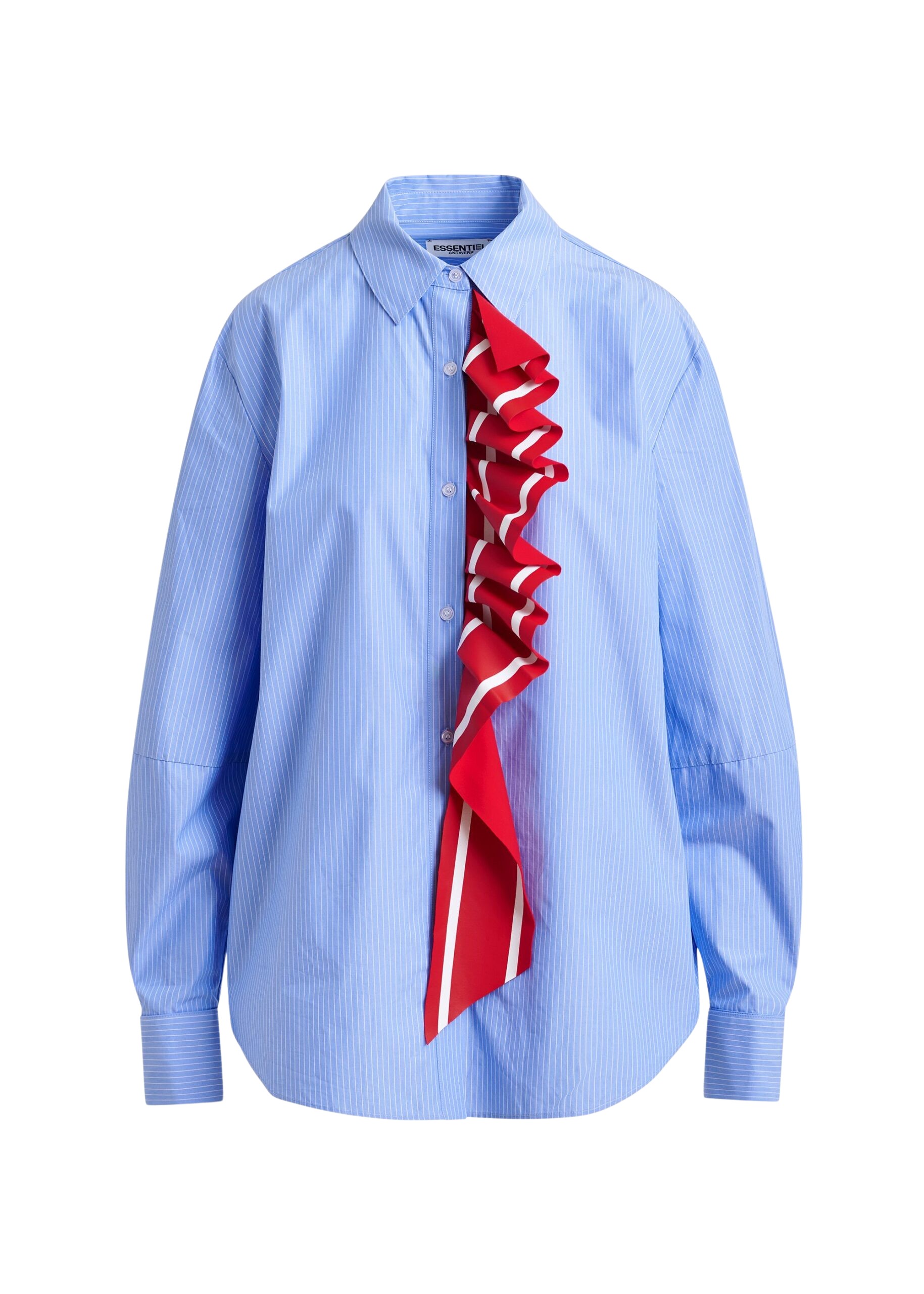 Essentiel Antwerp Blue and white pinstripe cotton shirt with red ribbon detail - Essentiel Antwerp Shirts - Colorful Belgian Design - Shop at Coveti