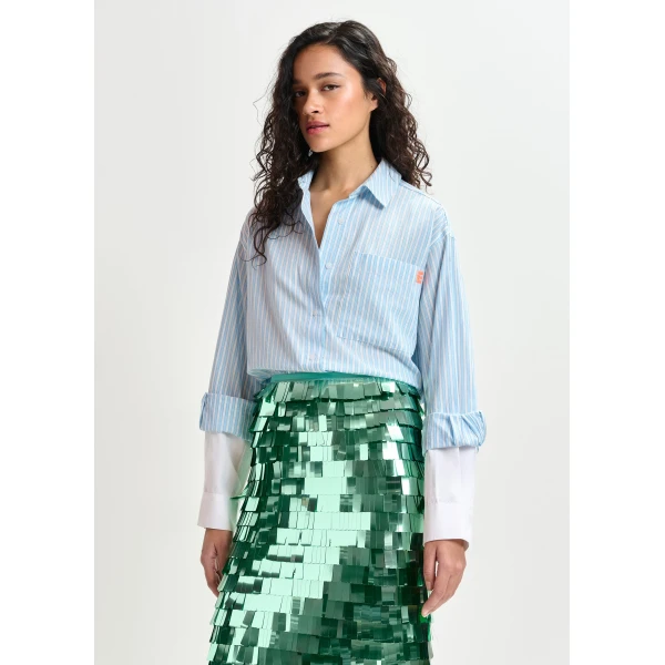 Essentiel Antwerp Blue and white striped cotton shirt with embroidered detail, view 2