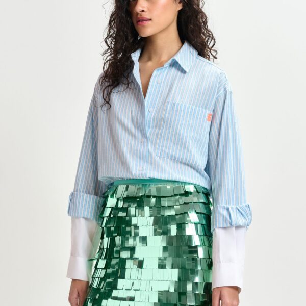 Essentiel Antwerp Blue and white striped cotton shirt with embroidered detail - Essentiel Antwerp Shirts - Colorful Belgian Design - Shop at Coveti
