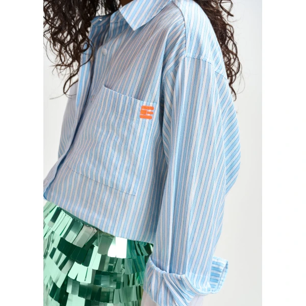 Essentiel Antwerp Blue and white striped cotton shirt with embroidered detail, view 4