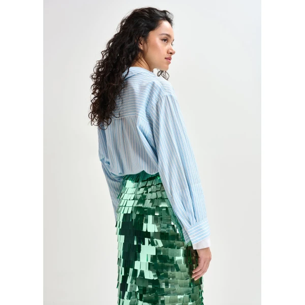 Essentiel Antwerp Blue and white striped cotton shirt with embroidered detail, view 5