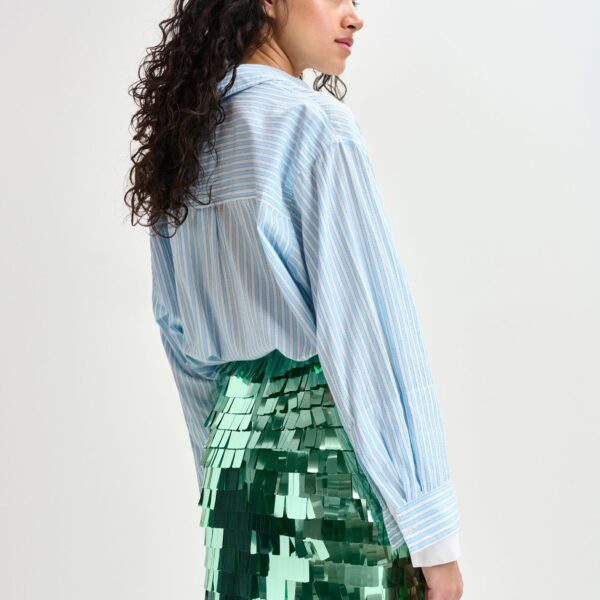 Essentiel Antwerp Blue and white striped cotton shirt with embroidered detail - Essentiel Antwerp Shirts - Colorful Belgian Design - Shop at Coveti