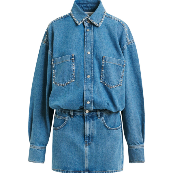 Essentiel Antwerp Blue two-piece denim set with pearl and stud embellishments - Essentiel Antwerp Knitwear - Colorful Belgian Design - Shop at Coveti