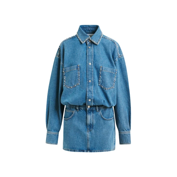 Essentiel Antwerp Blue two-piece denim set with pearl and stud embellishments - Essentiel Antwerp Knitwear - Colorful Belgian Design - Shop at Coveti