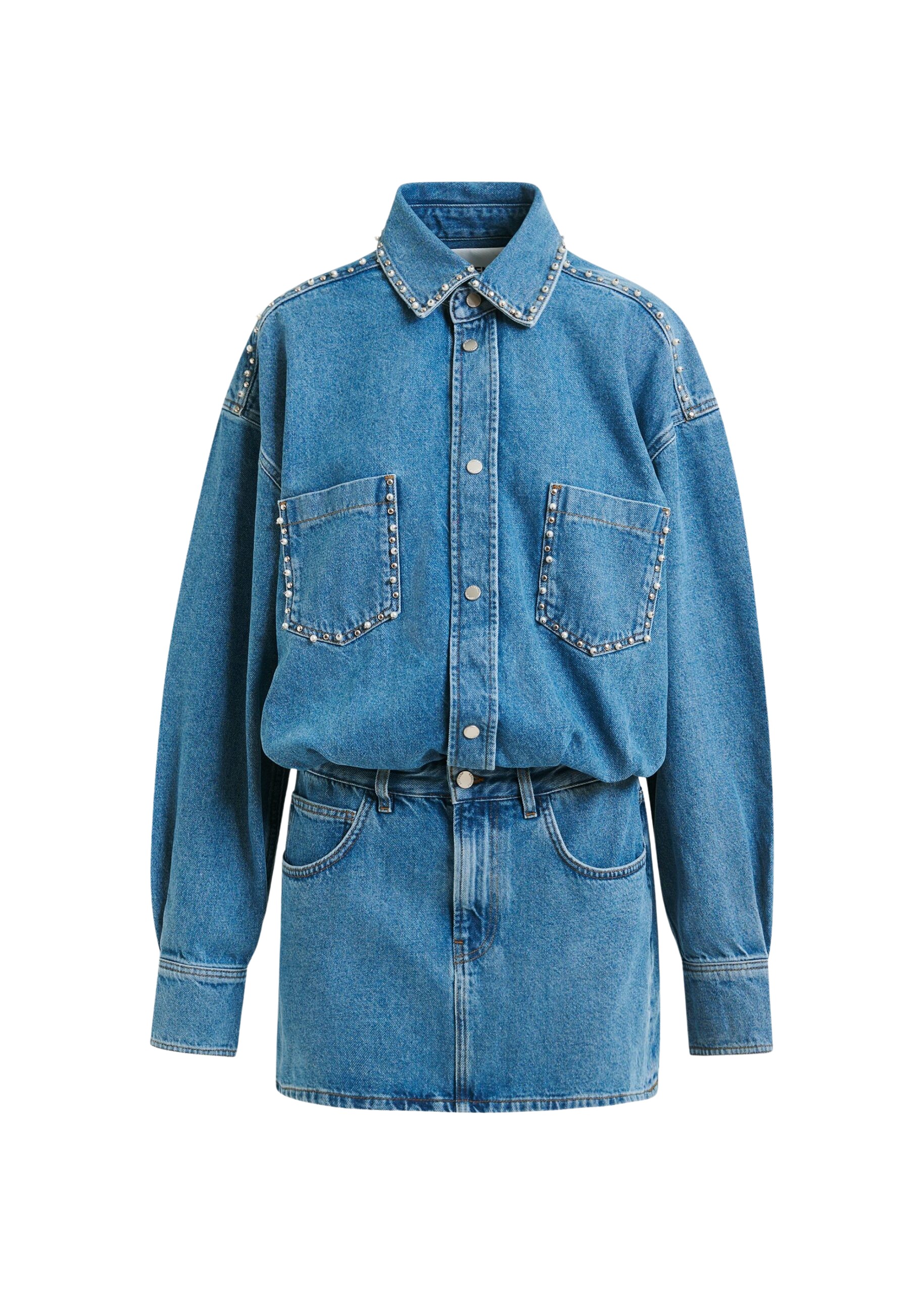 Essentiel Antwerp Blue two-piece denim set with pearl and stud embellishments - Essentiel Antwerp Knitwear - Colorful Belgian Design - Shop at Coveti