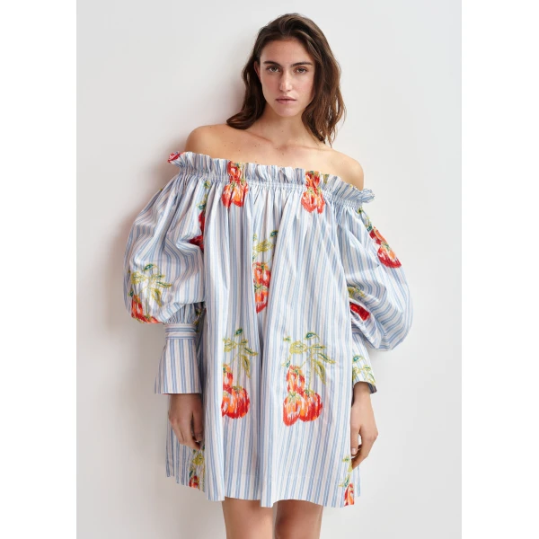 Essentiel Antwerp Blue, white and burned orange striped off-the-shoulder mini dress with embroidery, view 2
