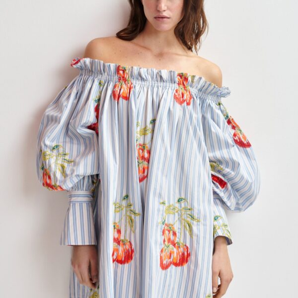 white and burned orange striped off-the-shoulder mini dress with embroidery - Essentiel Antwerp Dresses - Colorful Belgian Design - Shop at Coveti